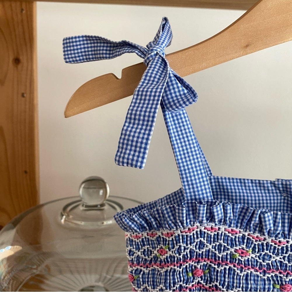 Anavini Blue White Gingham Plaid Smocked Tie Shoulder Dress 2t - Picture 9 of 12